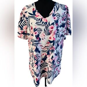 Womens Cherokee Scrub Top White Blue Pink Palms Hibiscus Stretch Size 2XL
